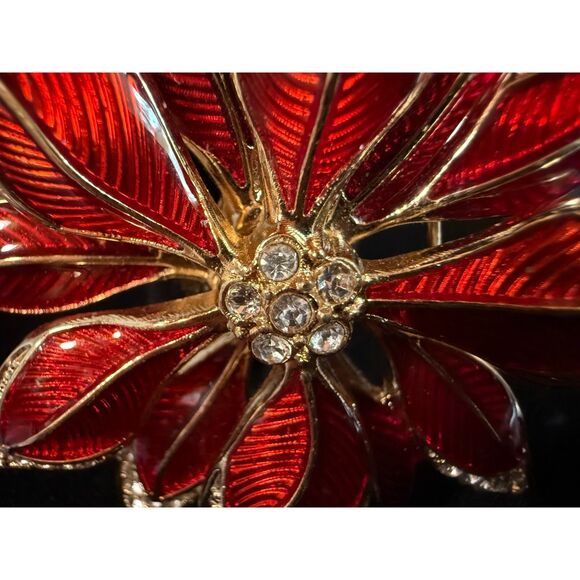 Vintage Napier Red Enamel & Rhinestone Poinsettia Brooch - Picture 2 of 4